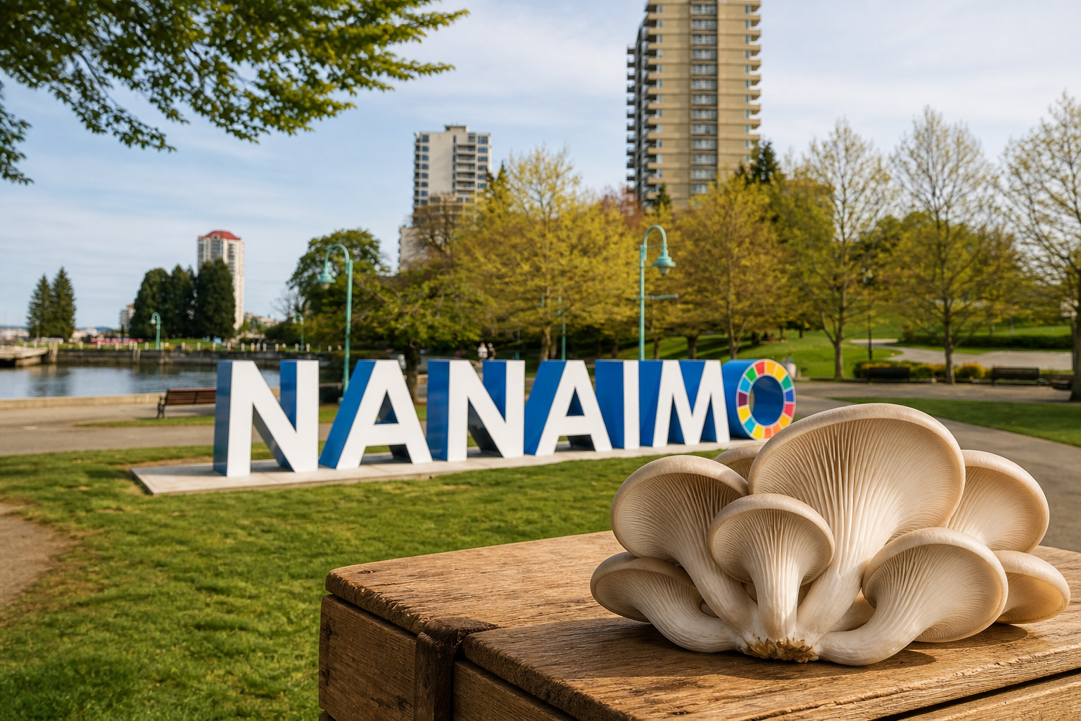 Oyster mushroom in front of the NANAIMO letters at Maffeo Sutton Park.
